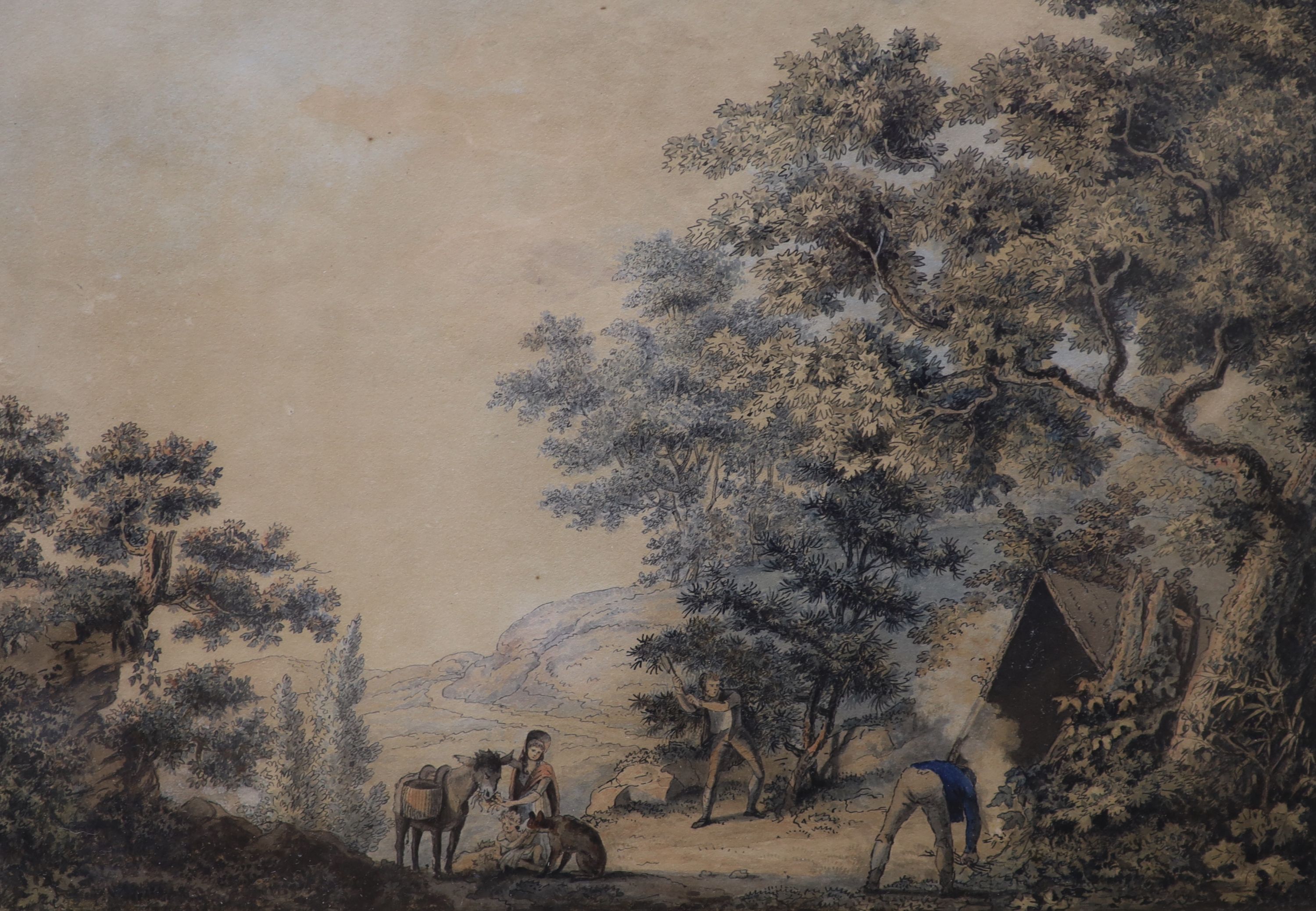 Samuel Hieronymus Grimm (1733-1794), pen, ink and watercolour, 'Making Camp', Abbott & Holder label verso, 20 x 29cm